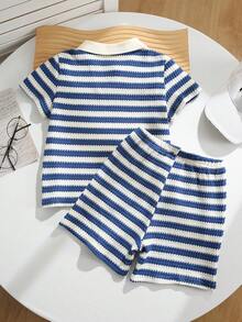 Bộ 2 món áo polo kẻ sọc và quần short cho bé trai - Nhiều màu - Xem 2
