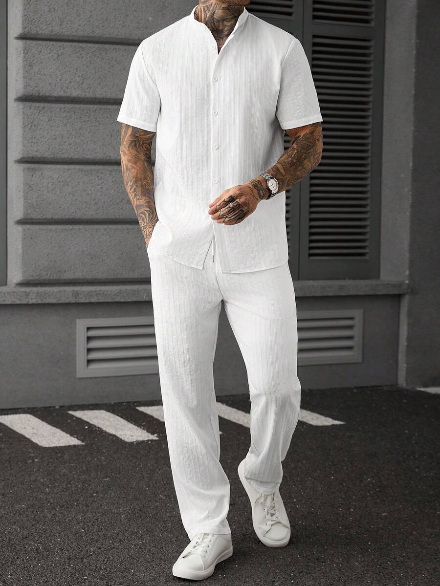 Manfinity CasualCool Men's Casual Vacation Textured White Set - White - View 1
