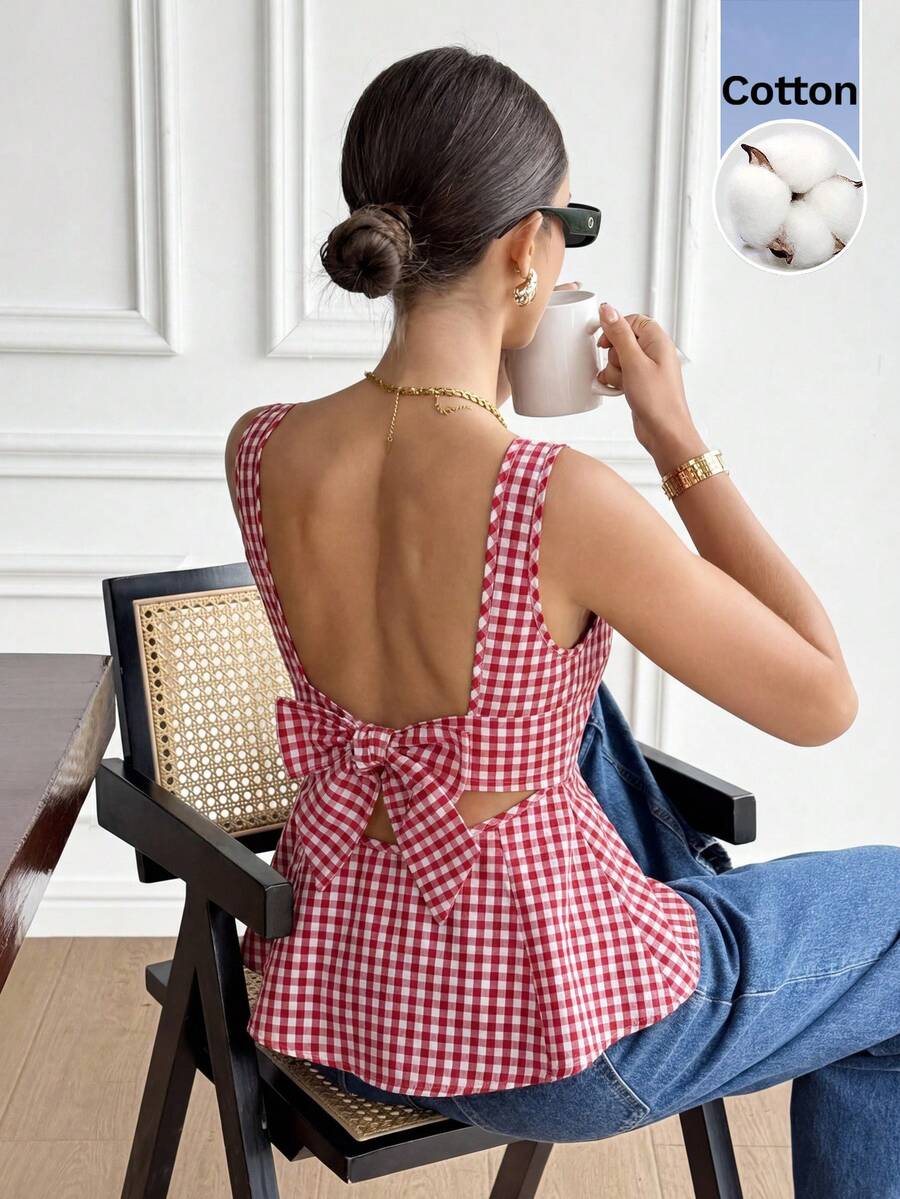 Áo kiểu nữ đi nghỉ mát, kiểu dáng thường ngày, kẻ caro, thắt nơ, hở lưng, không tay. - Đỏ - Xem 1