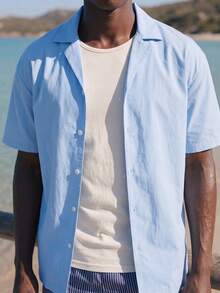 Palasendo Herren einfarbiges Hemd mit Knopfleiste und kurzem Ärmel sowie gestreifte Shorts, lässiger Strandanzug - Babyblau - Übersicht 7