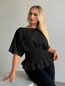 Auralis Blusa casual de manga corta con pliegues de unicolor, talla grande, primavera/verano - Negro - Ver 6