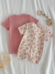 Loomiva Conjunto de 2 piezas de pelele de manga corta y pantalones cortos con estampado floral suave de punto para bebé recién nacida - Rosa Pálido - Ver 2
