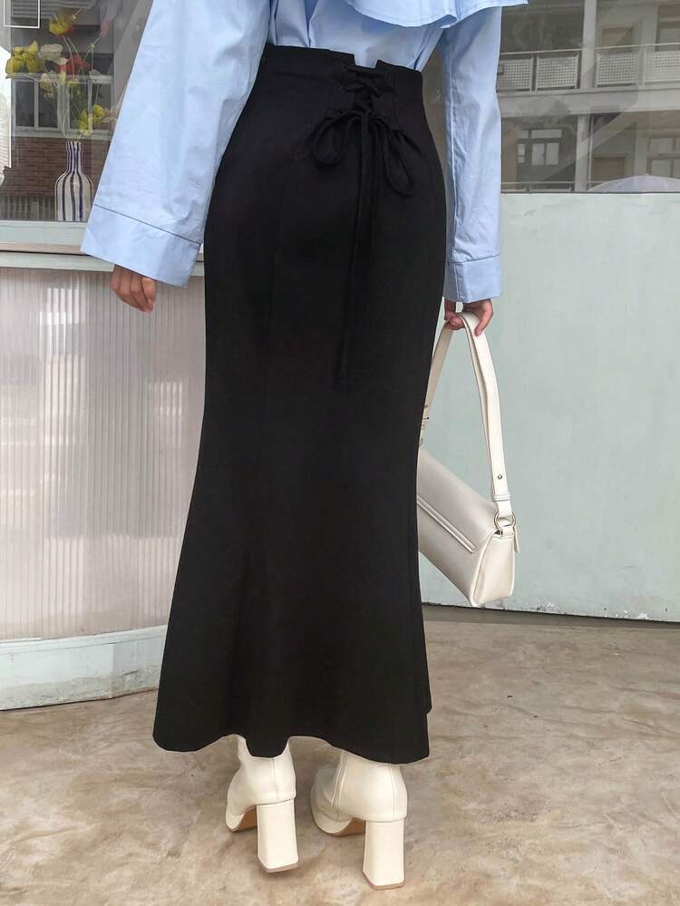 Women's Elegant Backless Tie Waist Fitted Mermaid Hem Skirt, Versatile Solid Color, Suitable For Spring, Summer And Autumn