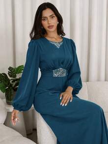 Veilorie Nuevo vestido de cóctel elegante y de lujo con cintura fruncida y adornos de strass, elegante para fiestas - Agua verde azul - Ver 5