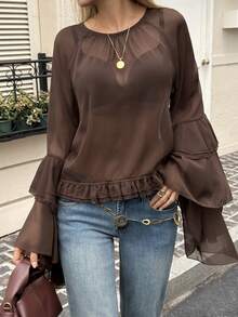 Women's Round Neck Ruffle Trim Long Sleeve Casual Elegant Pullover Semi-Sheer Blouse - Brown - View 3