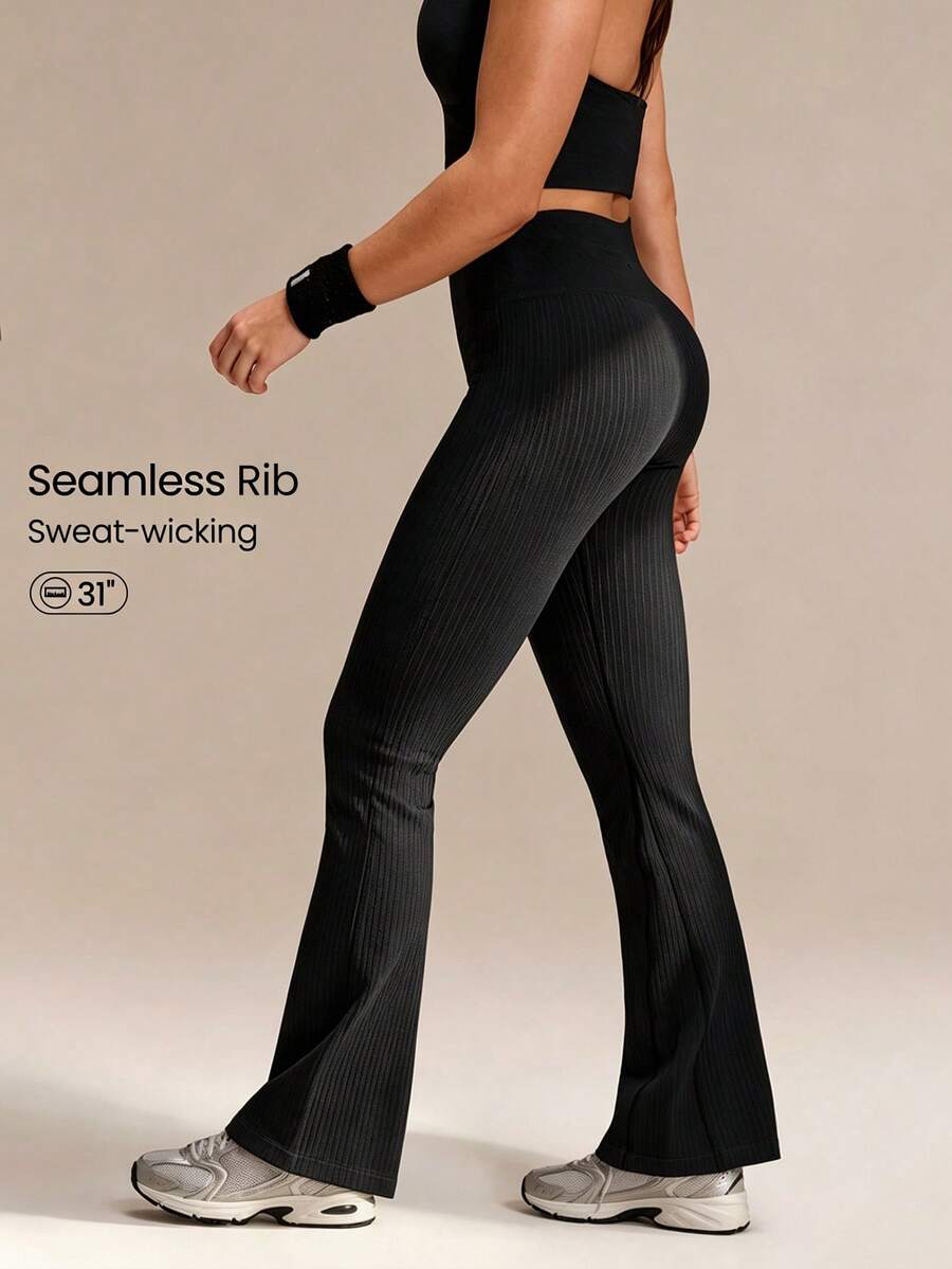 GLOWMODE 31" Ultrafine Soft Seamless Flow Without Limits High-Waisted Seamless Stretchy Wide Rib Paneling Flare Leggings Running Workout Gym Yoga Pilates - Black - View 1