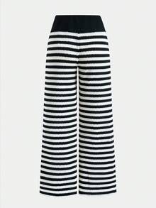 SHEIN 少女夏季休闲度假针织条纹撞色腰部宽松裤 - 黑與白 - 查看 2