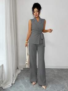 Selianne Elegant Romantic Vacation & Office Bow Tie Blazer Suit Set For Women - Dark Grey - View 4