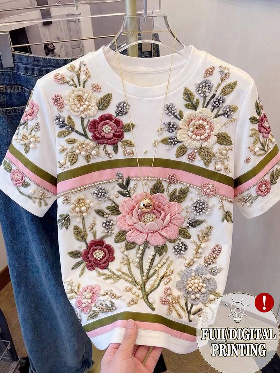 Resyla 女士夏季休闲度假花卉刺绣仿珍珠装饰短袖T恤 - 白色 - 查看 1