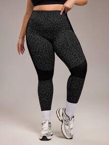 Slayform Slayform 1 pièce Legging de fitness et de yoga pour femmes grande taille avec imprimé léopard et rayures latérales, ensemble d'entraînement grande taille, legging d'entraînement imprimé léopard, vêtements de sport grande taille - Multicolore - Voir 2