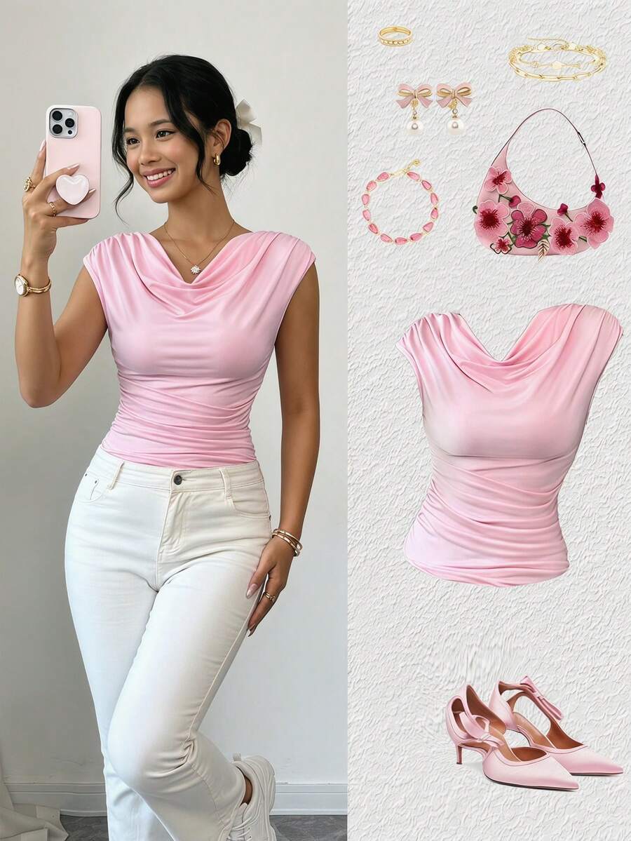 Áo thun dệt kim ngắn tay cổ tròn ôm sát màu hồng, thích hợp cho nữ tuổi teen, kiểu dáng thanh lịch mặc đi làm hàng ngày, mùa hè. - Hồng - Xem 1
