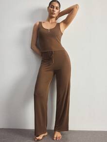Ocili Comfortable Minimalist Sleeveless Pants Shell Button Pajama Set, Baby Pink Women Loungewear - Brown - View 7