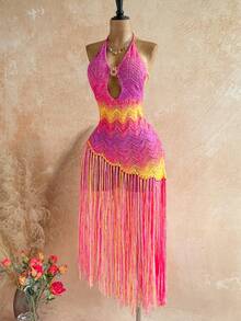Soleia V-Neck Pink And Yellow Fish Scale Knit Fringe Mini Dress,Boho Summer Beach Vacation Holiday,Metal Decor Gradient Hippie Party Western Style - Multicolor - View 6