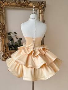 Lovelzi Champagne Summer Elegant Formal Party Satin Off Shoulder Ruffle Hem Dress, Fashionable Wedding Graduation Vacation Bridal Shower Party Dress - Champagne - View 2