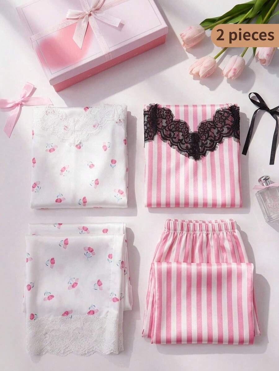 Bộ đồ ngủ bé gái, áo hai dây ren họa tiết hoa nhí trang nhã và quần dài có nơ, đồ mặc nhà thoải mái cho mùa hè. - Nhiều màu - Xem 1