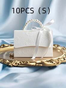 10PCS Faux Pearl Decorated Gift Boxes With Handle - Exquisite White Embossed Floral Mini Packaging Bags For Valentine's Day, Wedding, Halloween, Christmas, Mother's Day, Perfect As Candy Boxes, Small Gift Bags, Wedding Favors, Party Decorations & Gift Sets - White - View 9
