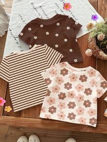 SHEIN 3 chiếc áo thun cổ tròn tay ngắn họa tiết hoa nâu, trắng kem, sọc nâu, thường ngày, phù hợp mặc hàng ngày, ở nhà, đi nghỉ, mặc nhiều lớp, thoải mái, phong cách, thường ngày, quần áo họa tiết hoa, thời trang thu đông, phong cách mới, thoải mái cho bé gái - Nhiều màu - Xem 2