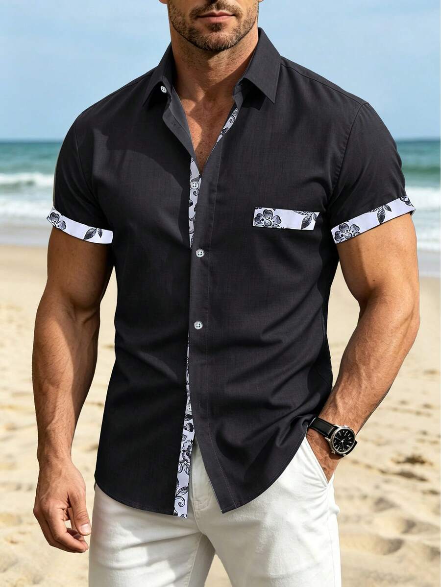 Manfinity Homme Áo sơ mi nam tay ngắn in hoa, cài cúc phía trước, kiểu dáng thường ngày, áo sơ mi đen nam, áo sơ mi đen viền hoa, áo sơ mi nam đi biển, áo sơ mi tay ngắn nam kiểu dáng thường ngày, áo sơ mi đi nghỉ mát. - màu đen - Xem 1