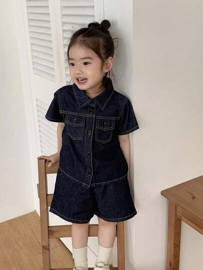 Dazy Kids Toddler Girls' Collared Short Sleeve Shirt & Loose Denim Shorts Set