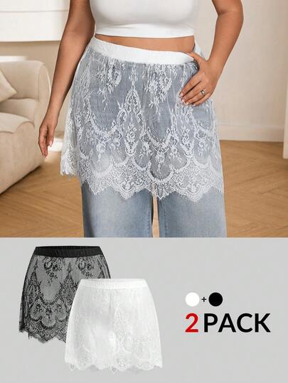 SHEIN CURVE+ Bộ váy hai mảnh ren đen trắng đa năng dành cho nữ cỡ lớn, phù hợp cho cả mùa xuân và mùa hè.