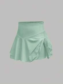 Tween Girls' Solid Color Pleated Casual Versatile Daily & Sports Skorts - Green - View 2