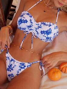 Swim Vcay Women's White And Blue Floral Bikini Set,Summer Boho Holiday Resort Style Wood Ear Drawstring Tie Shoulder Straps Bikini,Holiday Pool Party Swimwear - Multicolor - View 1
