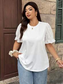Vionelle Camiseta casual de manga corta con cuello redondo y bordado para tallas grandes - Blanco - Ver 1