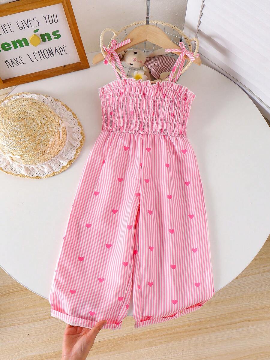 SHEIN Genkimix Kids 女童复古波西米亚风吊带连体裤,舒适面料,宽松阔腿设计,粉色条纹爱心印花,简约优雅飘逸,适合春季、夏季、派对、外出、度假穿着。 - 粉色 - 查看 1