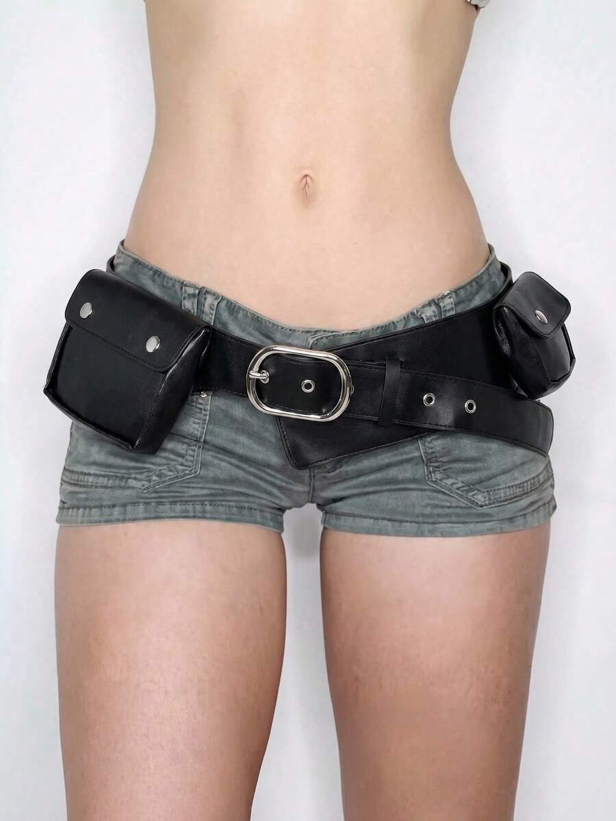ROMWE Grunge Punk Bolso de cintura de mujer con múltiples bolsillos, remaches de metal y hebilla ajustable de estilo punk Y2K - Negro - Ver 1