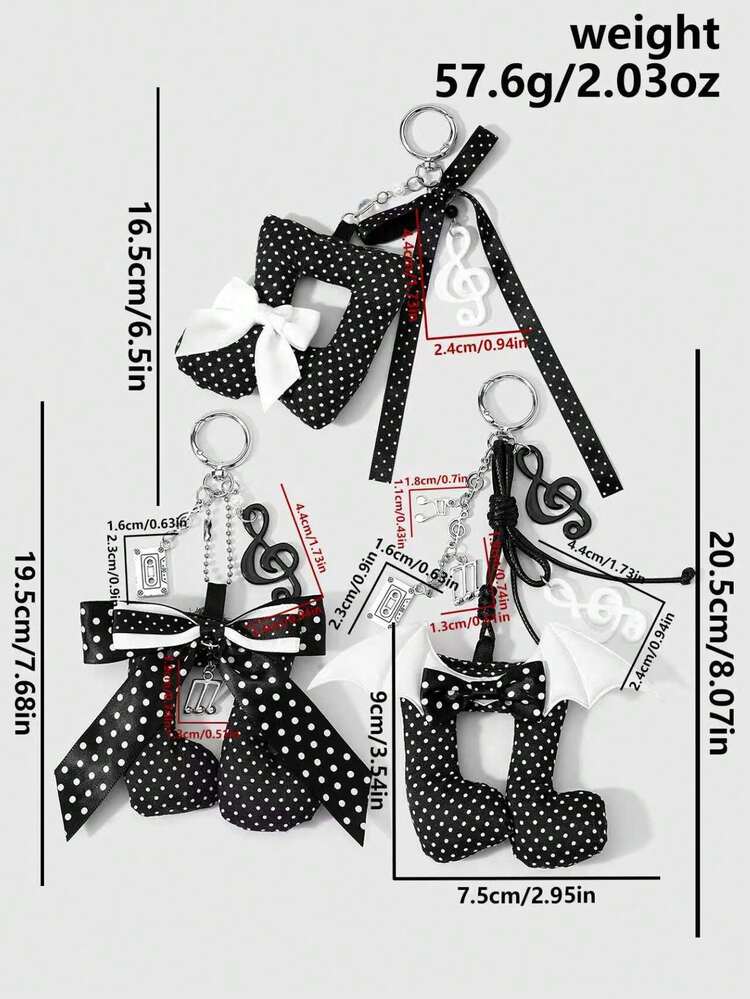 ROMWE Anime 1pc Classic Fashion Vintage Black & White Faux Pearl Alloy Musical Note Cassette Tape Leather Cord Tie PVC Wing Handmade Polka Dot Bow DIY Keychain Bag Pendant - Black and White-8 - View 3