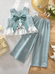 Emery Rose Kids Emery Rose Kids 女童夏季休闲度假蝴蝶结装饰格纹背心和裤子套装 - 彩色 - 查看 5