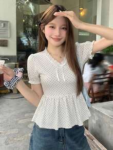 DAZY 女款韓式波點蝴蝶結襯衫夏季可愛上衣 - 杏色 - 查看 2
