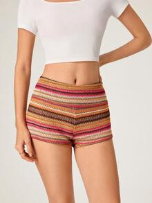 SHEIN BASICS 女士夏季沙滩度假撞色条纹图案短裤 - 彩色 - 查看 7
