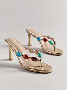 Hauture Women's Minimalist Fashion Comfy Round Toe Gemstone Decor Stiletto Thong Sandals - Gold - View 2