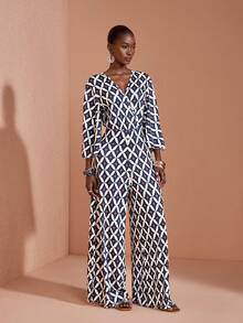 JIAN LASALA All-Over Print V-Neck Overlap Women Wide-Leg Jumpsuit Casual Boho Vacation Summer - Multicolor - View 4