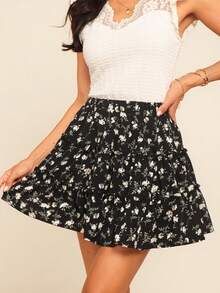 Coeurva Women's Ditsy Floral Frill Trim Casual Skirt - Black - View 7