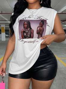 Slaydiva Women's White Summer Casual Rave Holiday Graphic Vintage Portrait Letter Print Sleeveless Tank Top Crew Neck Longline Plus Size Vest Retro Streetwear - White - View 9