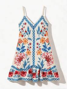 Swim Vcay Đầm đi biển nữ kiểu Bohemian in họa tiết chắp vá, vạt áo xếp ly bất đối xứng, dây đeo có thể điều chỉnh, thích hợp cho mùa hè. - Đỏ - Xem 7