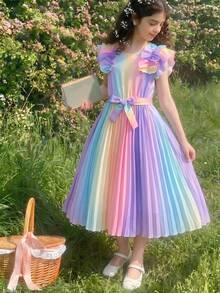 1pc Tween Girls' Elegant Rainbow Digital Print Woven Dress With Ruffled Hem, Puff Sleeves, Belted Waist, Suitable For Daily Wear, Party, Banquet, Casual Holiday - Baby Blue - View 8