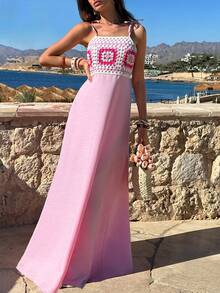 SHEIN Cottnline Women's Pink Crochet Regular Vacation Maxi Dress – Sleeveless Square Neck Summer Sundress, Colorblock Knitted Top, Cute Casual Beach Holiday Dress - Pink - View 8