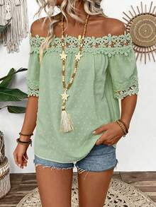 EMERY ROSE Textured Fabric Ruffle Detail Off Shoulder Blouse - Green - View 4