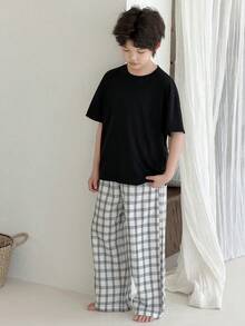 Dazy Kids Crew Neck Basic T-Shirt + Plaid Pants Tween Boys Pajamas Summer - Black - View 6