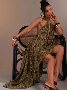 Hauture Women's Sexy Abstract Animal Print Draped Halter Neck Backless With Gold Metal Neck Decor - Multicolor - View 3