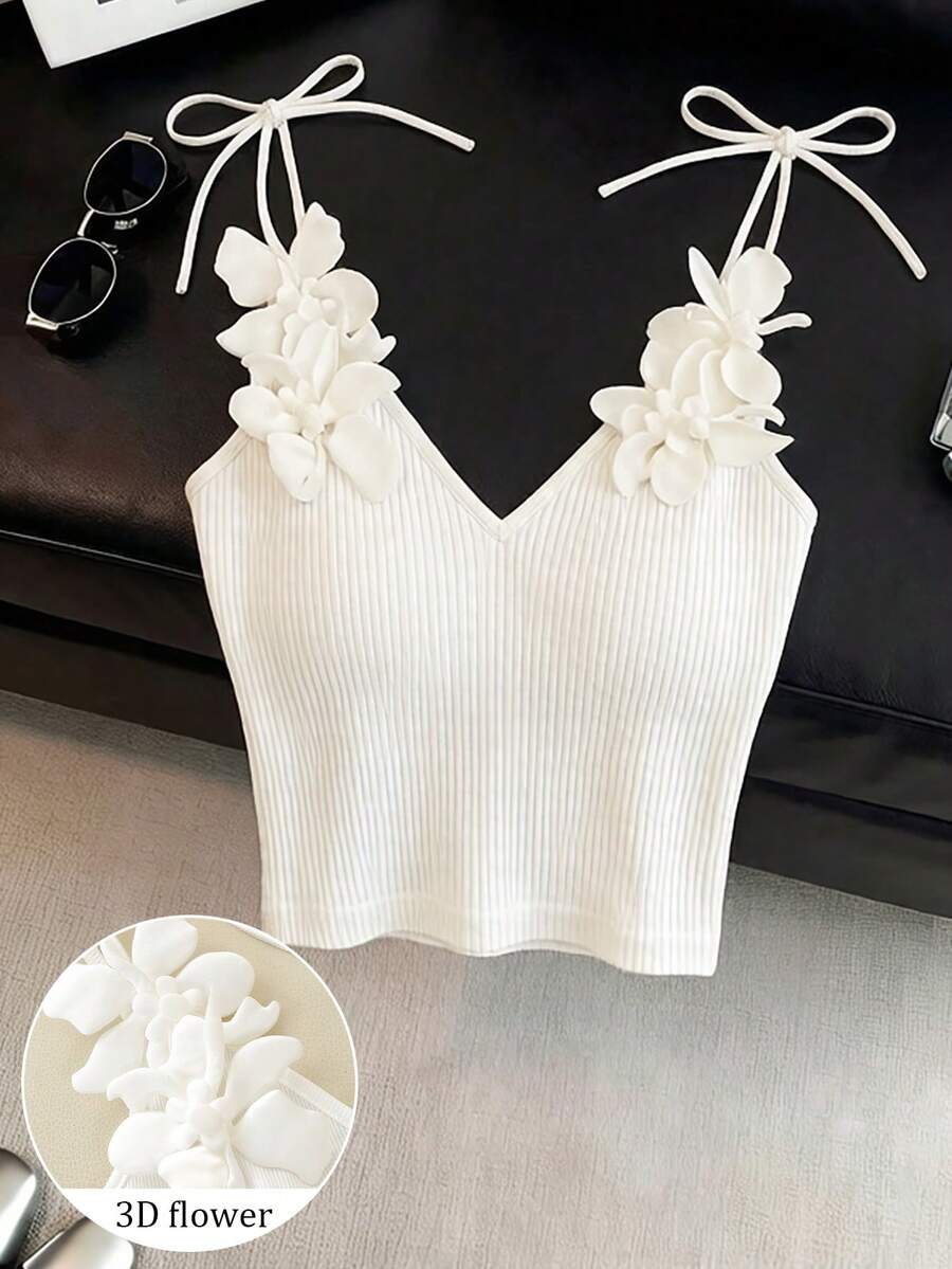 SHEIN Áo hai dây nữ dáng suông, họa tiết hoa, cổ chữ V, thời trang và thanh lịch. - trắng - Xem 1