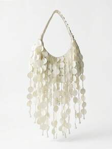 MUSERA Sequin Tassel Srape Detail Satin Handbag Summer Beach Swim Going Out Daily Spring Holiday Accessory - Beige - View 4