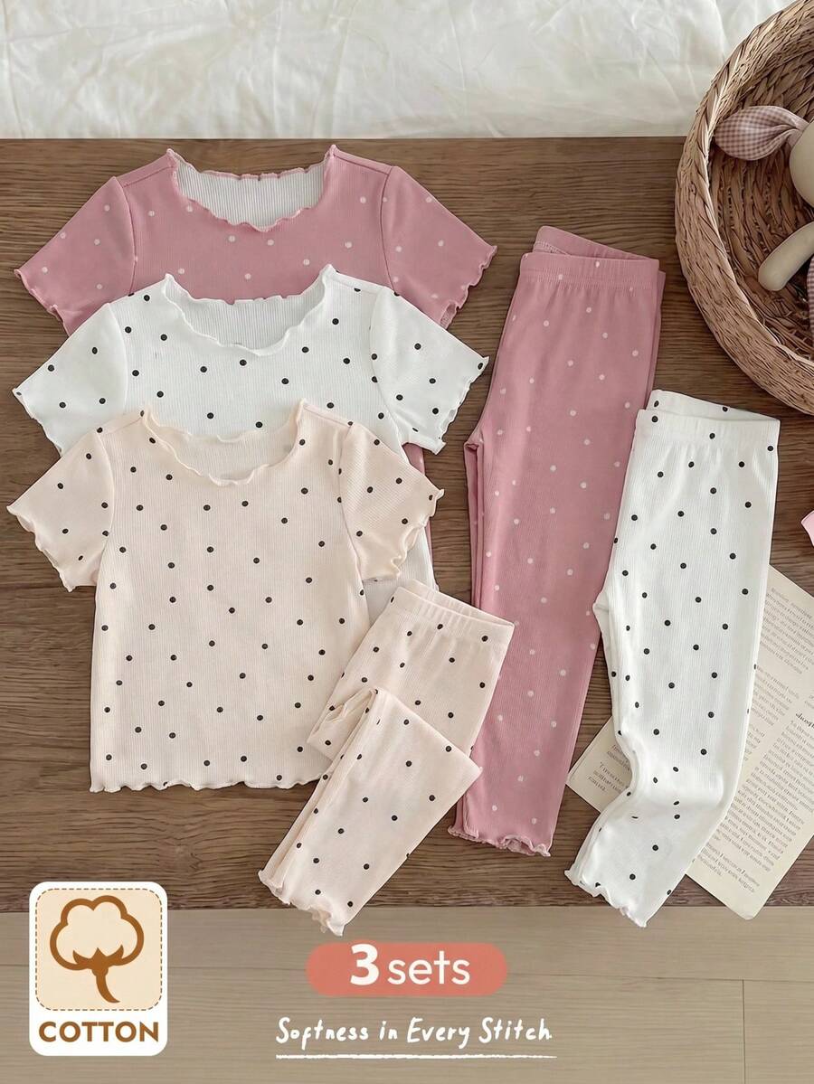 6pcs Baby Girl Polka Dot Pattern Knit Soft Round Neck Short Sleeve Ruffle Hem Top & Elastic Waist Pants Set - Pink - View 1