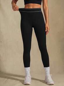 SHEIN Glamour Women's Mid-To-High-End Sports Leggings, Black, 3/4 Length, Waistband With Contrast Stripe, Elastic Waist, Double-Layer Mesh Pockets, Suitable For Daily Casual Wear, Running, Yoga, Gym, Tennis, Golf - Black - View 3