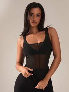 SHEIN BAE 女士休闲运动透视露背背心 - 黑色 - 查看 1