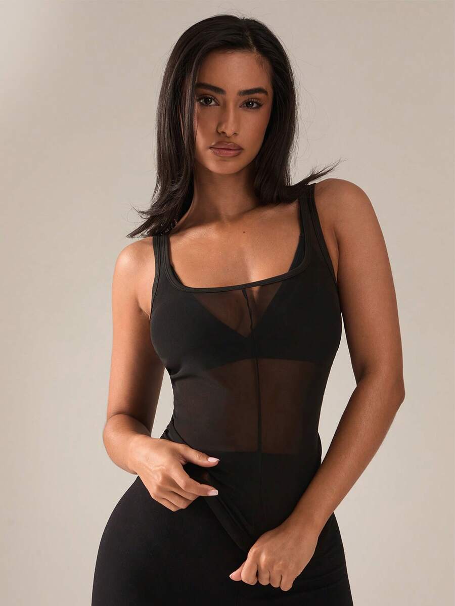 SHEIN BAE 女士休闲运动透视露背背心 - 黑色 - 查看 1