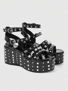 ROMWE Grunge Punk 女士铆钉扣金属丝厚底凉鞋。 - 黑色 - 查看 2